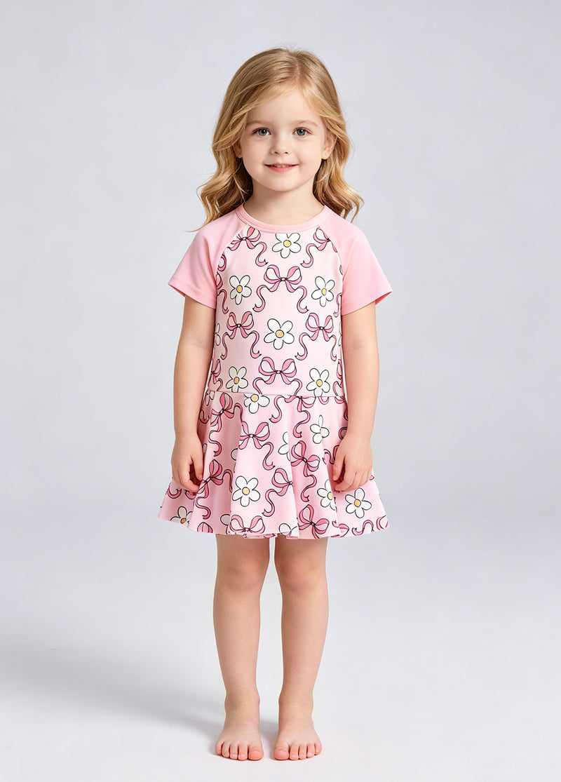 Girls' Summer Short-Sleeve Swim Dress — Floral-Patterned One-Piece Swimsuit
