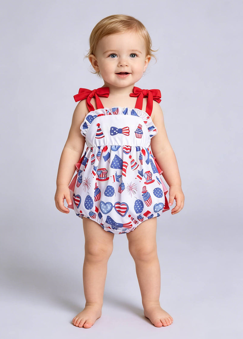 Baby Girls 4th of July Patriotic Romper Infant Independence Day Fireworks & Uncle Sam Hat Print Cami Sunsuit with Ruffle Butt
