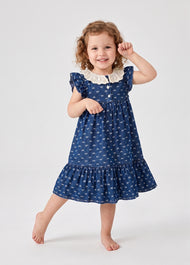 Girls Sweet Denim Bow Print Lace Dollar Collar Dress