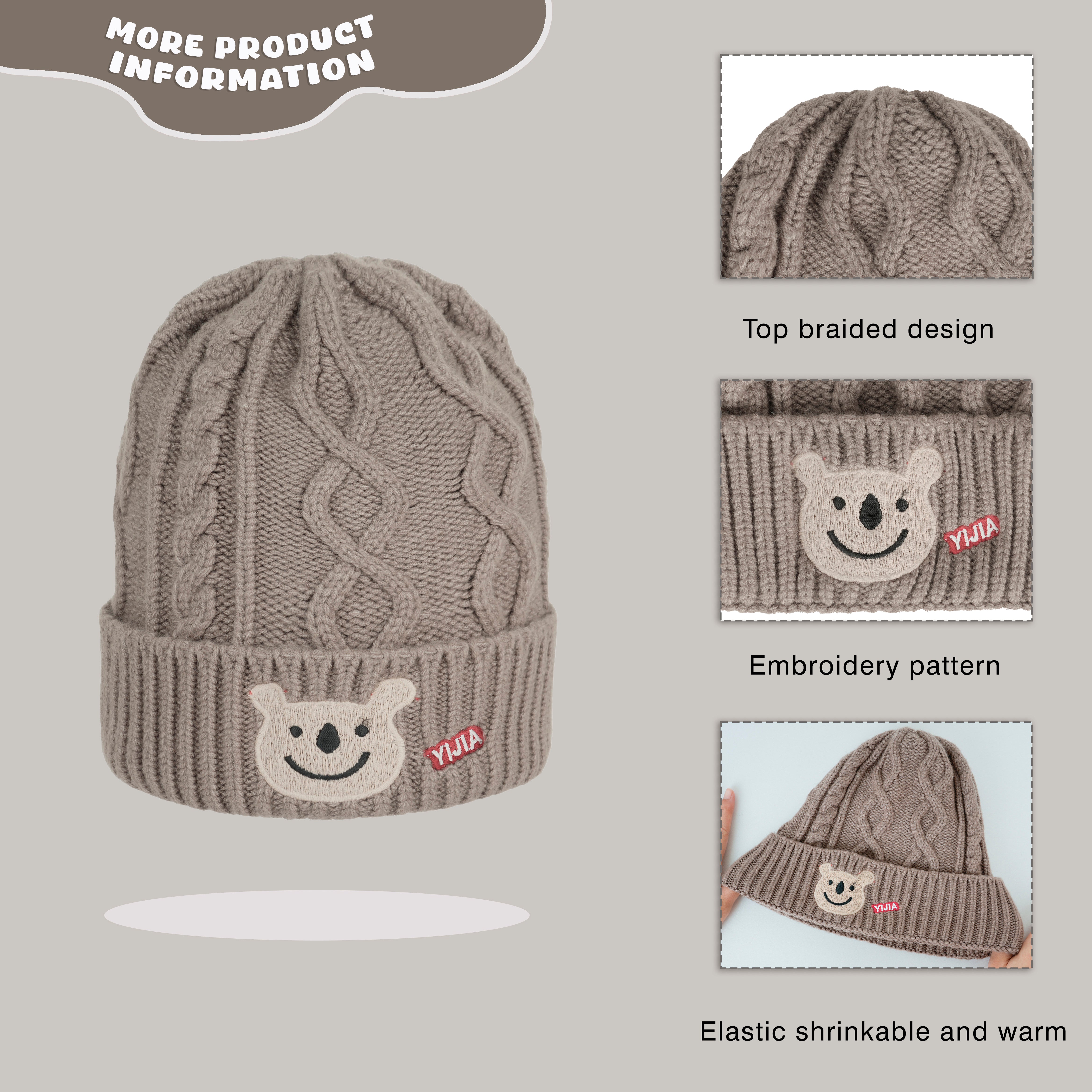 Grey Cable Knit Bear Beanie Hat