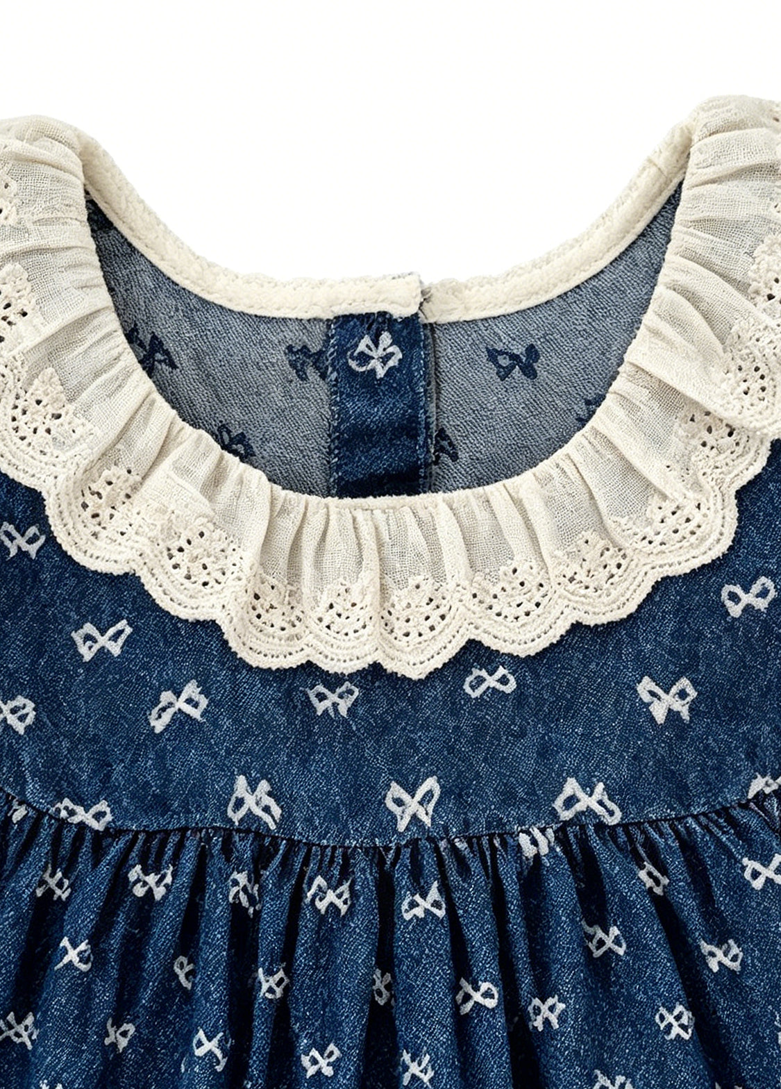 Girls Sweet Denim Bow Print Lace Dollar Collar Dress
