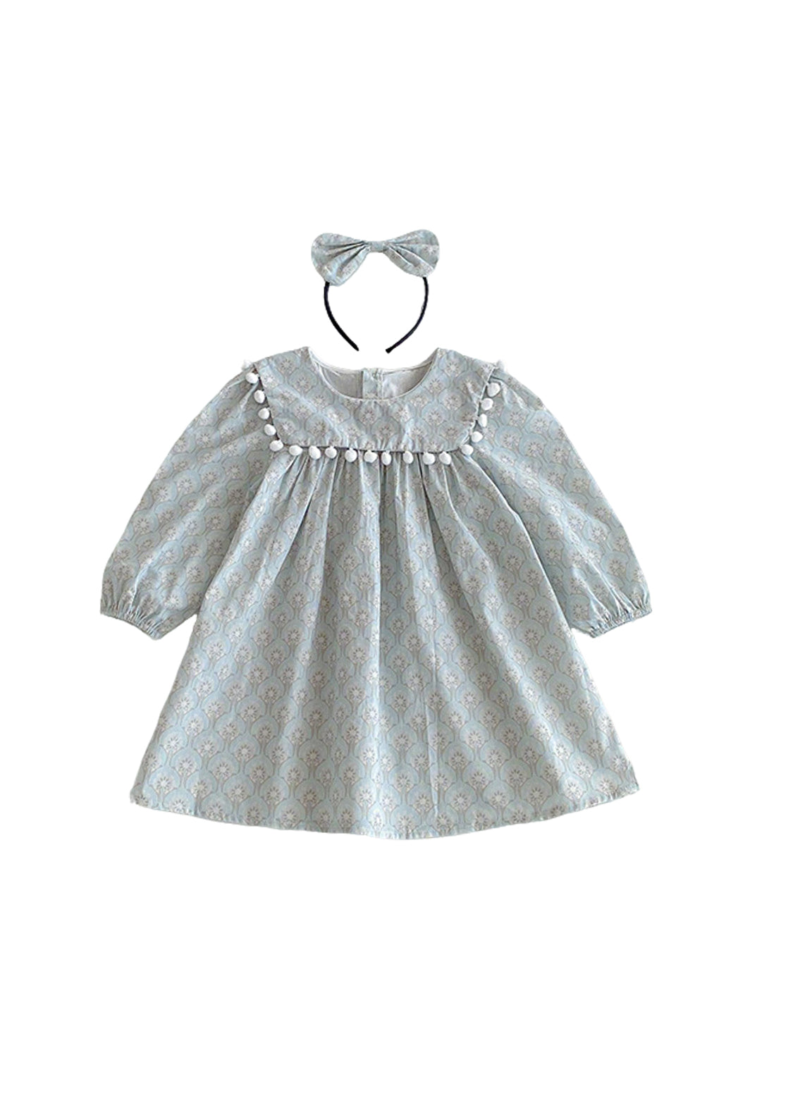 Girls Sweet Floral Pom Poms Dress With Headband
