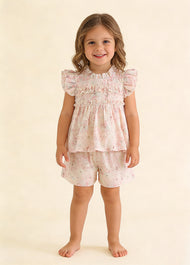 Girls Sweet Floral Embroidered Ruffled Top And Shorts Set