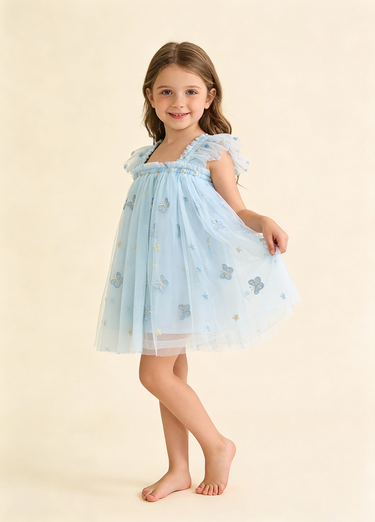 Girls' Butterfly-Embroidered Spaghetti-Strap Princess Dress