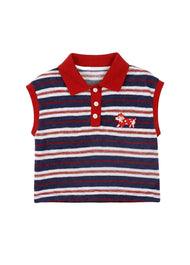 Kids Summer Striped Sleeveless Polo Shirt Toddler Girls Retro Knit Cotton Vest Top with Cartoon Dog Embroidery