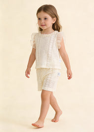 Girls' Lightweight Two-Piece Set: Top with Flutter Sleeves and Openwork Floral Design, and Trousers