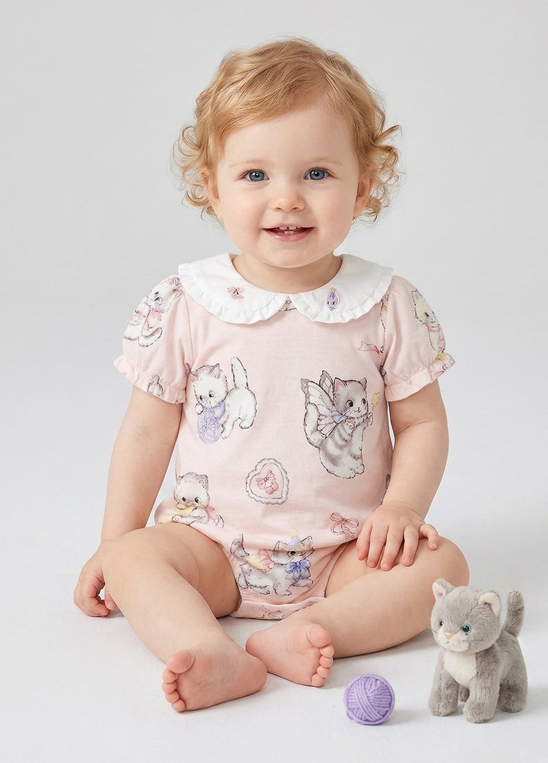Antibacterial Baby Girl Bamboo Romper | Breathable Summer Cat Print Jumpsuit