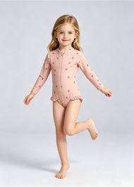 Girls' & Toddlers' Swimsuit: Cherry Print, One-Piece, Long-Sleeve, Sun-Protective, Quick-Drying Swimwear
