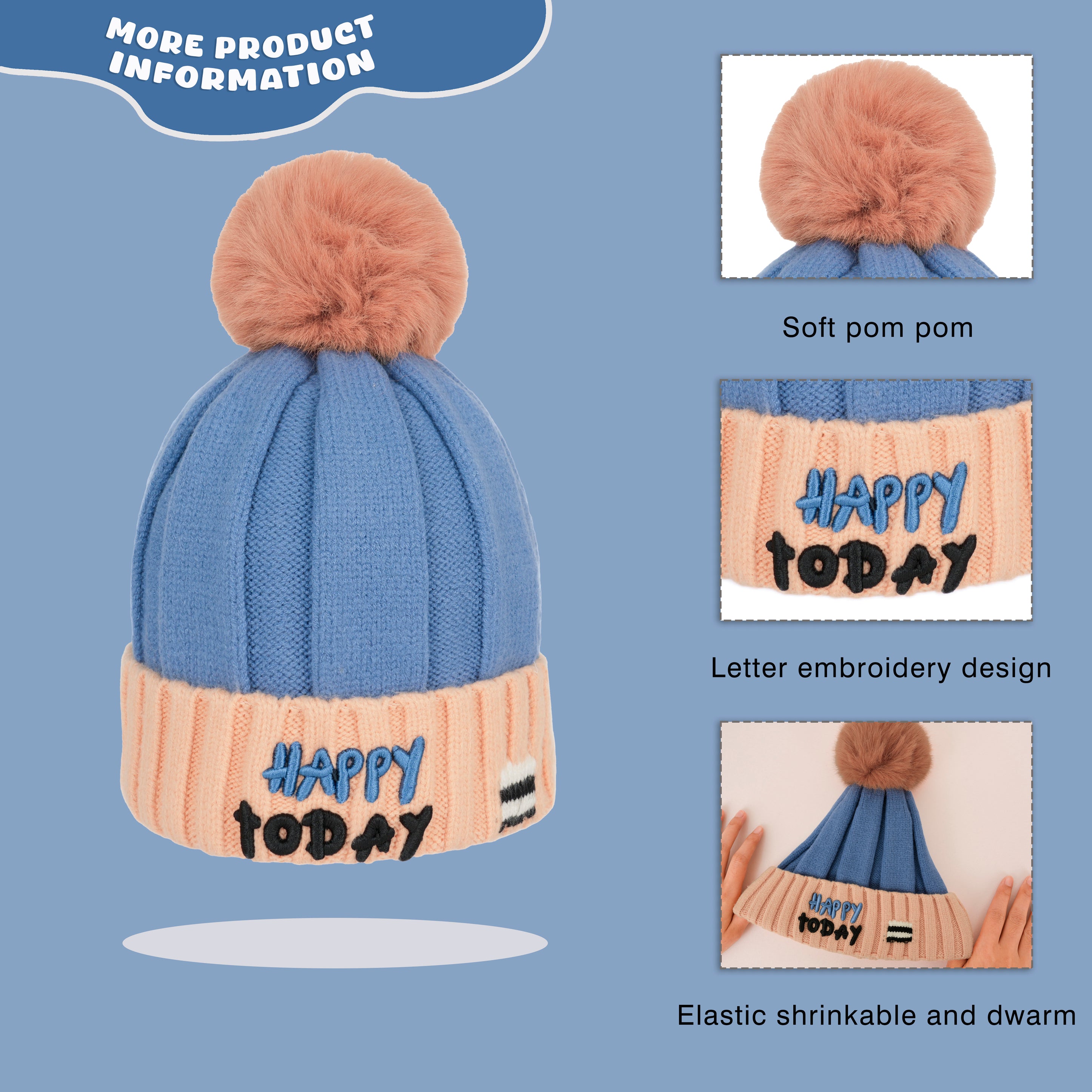 Happy Today Pom Pom Knit Beanie Hat