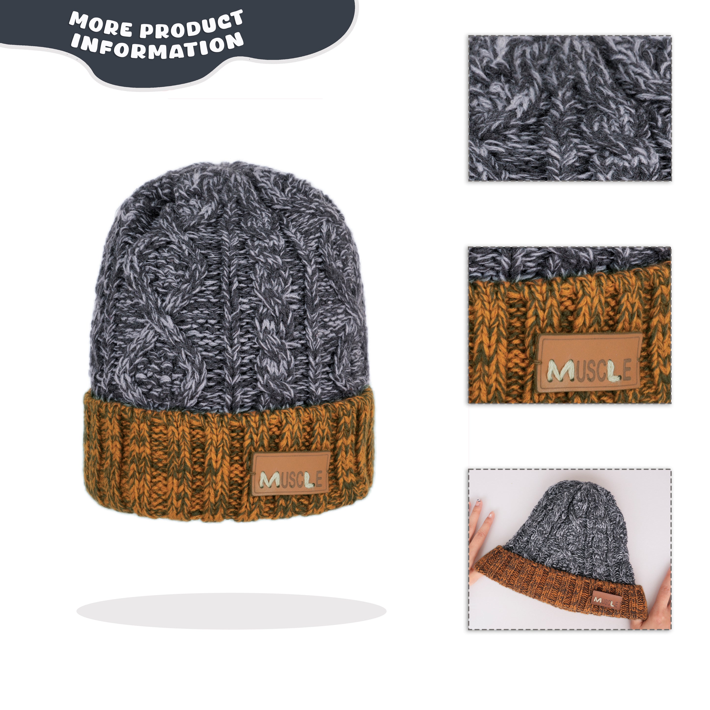Two-Tone Cable Knit Beanie Hat