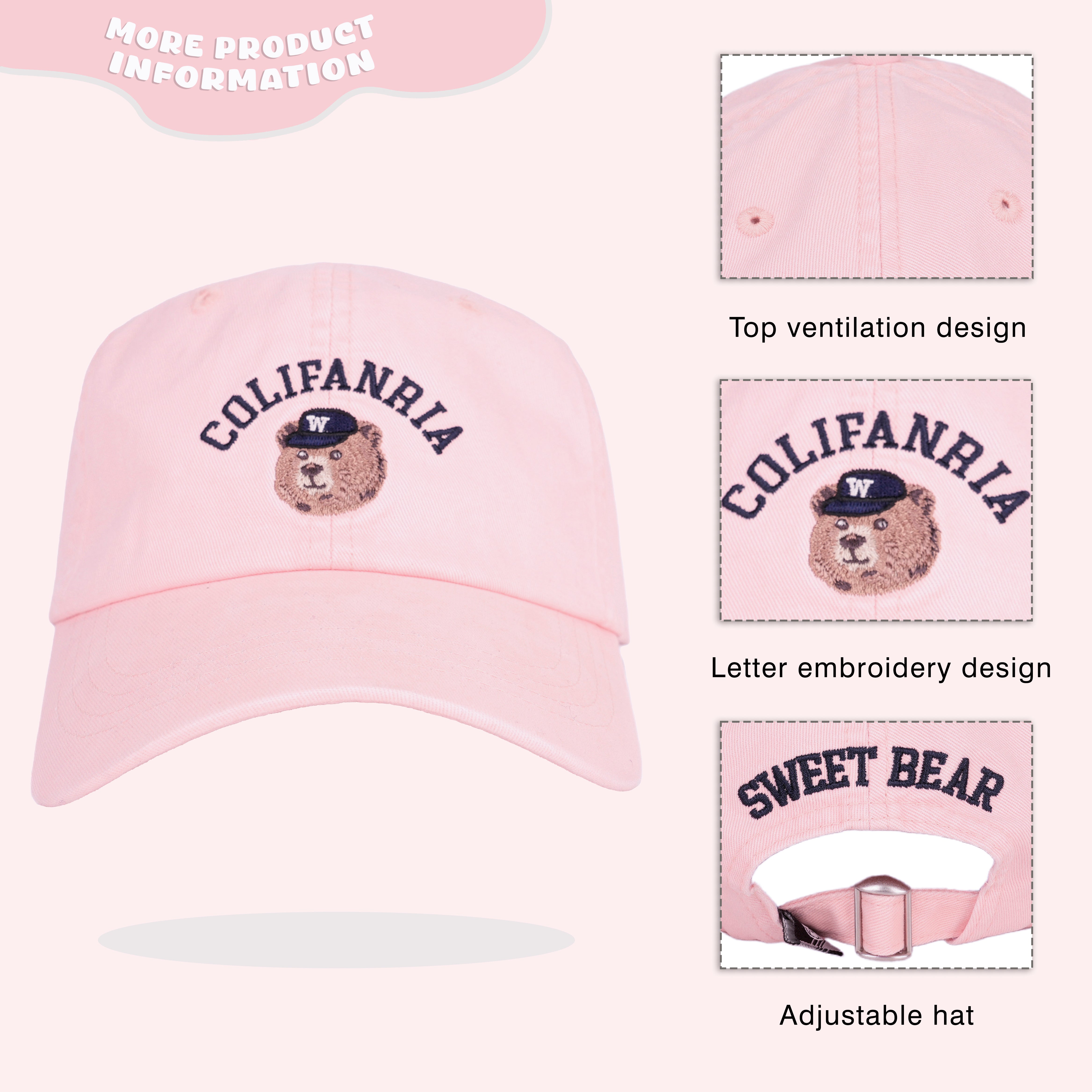 Kids Pink California Bear Embroidered Baseball Cap