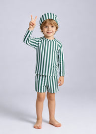 Boys' Two-Piece Swimsuit — Summer Long-Sleeve, Sun-Protective, Green-Striped Swimwear