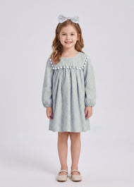 Girls Sweet Floral Pom Poms Dress With Headband