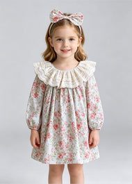 Girls Sweet Floral Dollar Collar Dress With Headband