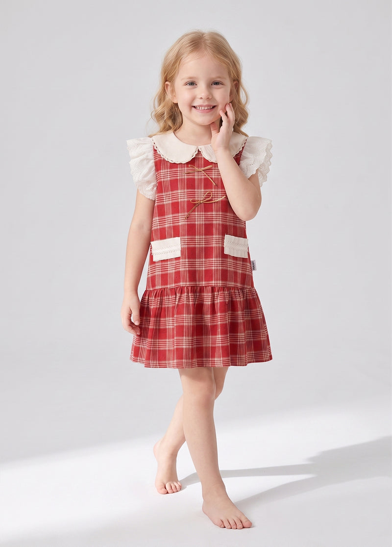 Girls Plaid Lace Trim Cotton Dress