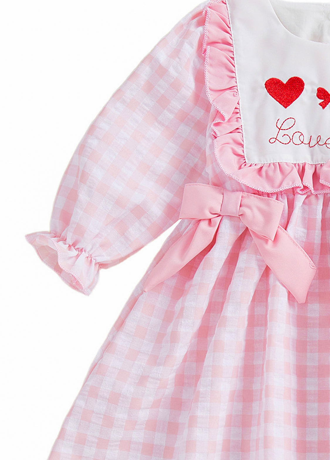 Girls Sweet Pink Plaid Heart-embroidered Ruffle Dress