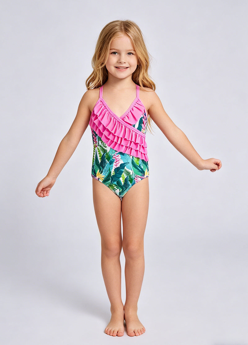 Girls' One-Piece Swimsuit: Ruffled, Leaf-Print Bathing Suit & Beachwear