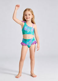 New Girls' Off-Shoulder Bikini Set — Fish Scale Print Two-Piece Swimsuit for Kids