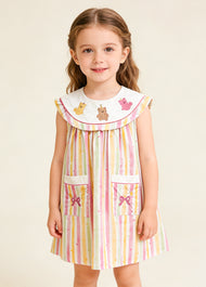 Girls Rainbow Bear Embroidered Cotton Dress