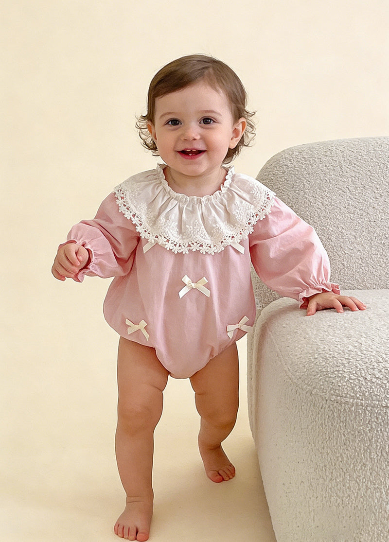 Baby Girl Cute Bow Tie Lace Trim Puff Sleeve Romper