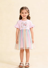 Girls Cotton Bunny Rainbow Tulle Dress