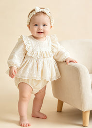 Baby Sweet Lace Trim Long-Sleeved Romper With Headband