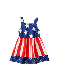 Toddler Girls July 4th Independence Day Patriotic Dress Kids Sleeveless Star and Stripe Ruffle Hem A-Line Sundress
