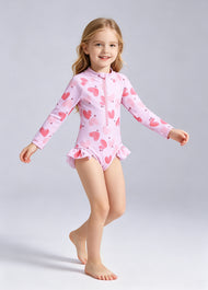 Girls' Swimsuit: Toddler & Kids' One-Piece Swimwear with Red & Pink Heart Print — Long Sleeve, Sun-Protective, and Quick-Drying