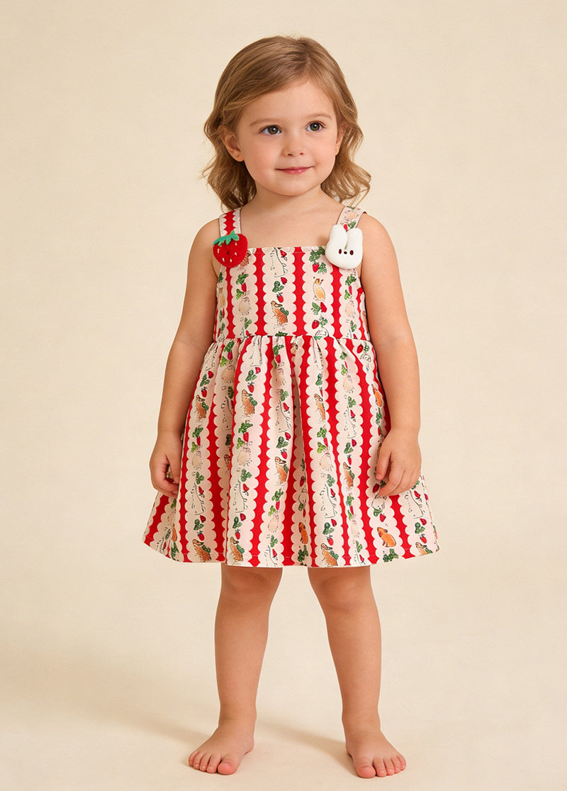 Girls Bunny Print Ruffle Cotton Suspender Dress