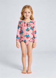 Girls' Backless One-Piece Swimsuit — Long-Sleeve Sun Protection Swimwear for Beach Vacations
