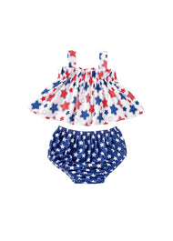 Toddler Girls July 4th Independence Day 2-Piece Outfit Star Print Cami Top and Bloomers Set Kids Patriotic Party Clothing