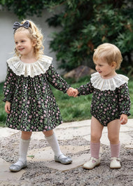 Girls Sweet Floral Dollar Collar Dress With Headband