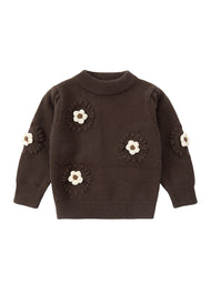 Children Girl 3D Embroidery Flower Sweater-Brown