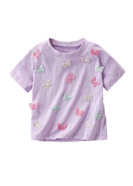 Girls Cute 3D Butterfly Embroidered Short-sleeved T-shirt