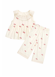 Girls Cute Bow-print Lace Dollar Collar Sleeveless Top And Pants Set