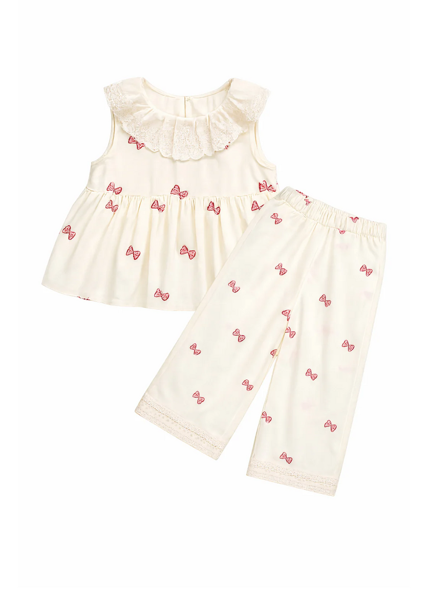 Girls Cute Bow-print Lace Dollar Collar Sleeveless Top And Pants Set