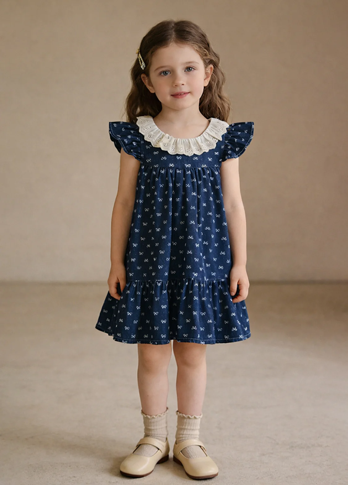 Girls Sweet Denim Bow Print Lace Dollar Collar Dress