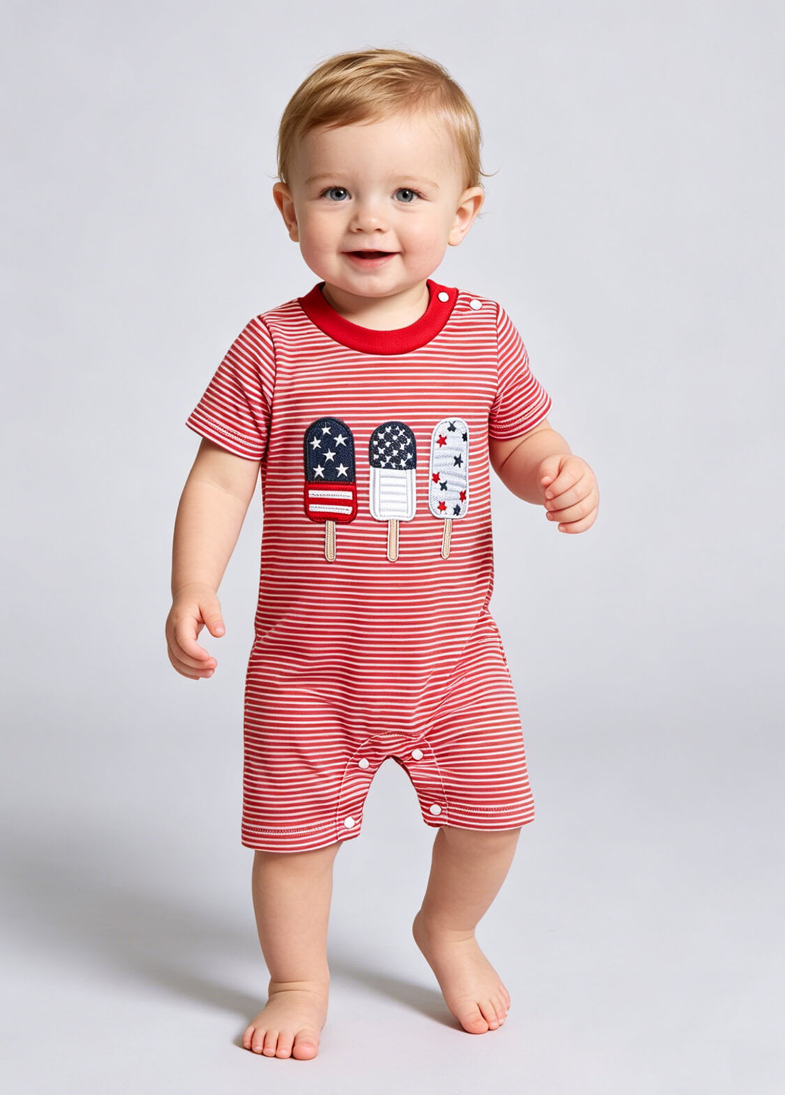 Baby Girls 4th of July Patriotic Romper Infant Independence Day Popsicle Embroidered Striped Short Sleeve Bodysuit