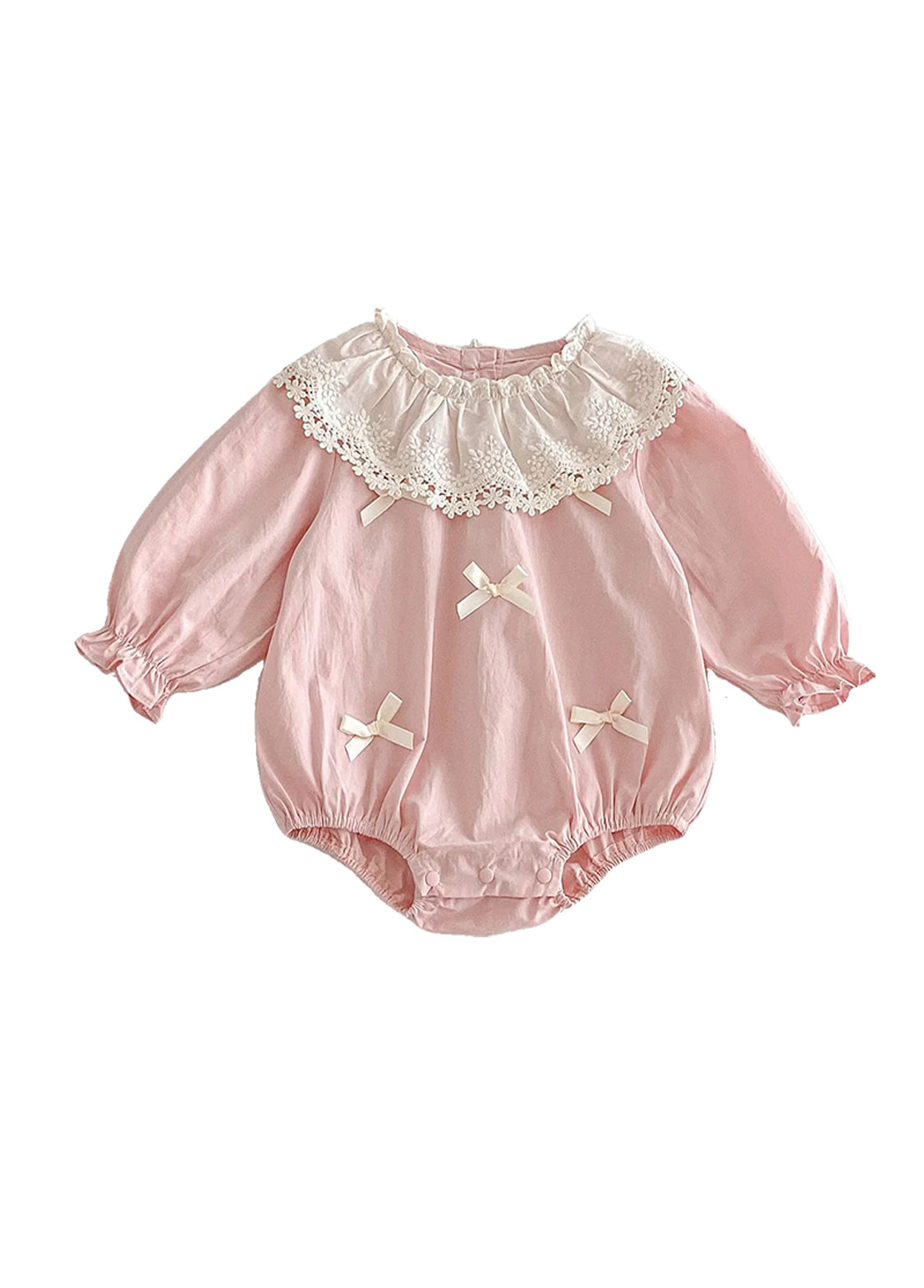 Baby Girl Cute Bow Tie Lace Trim Puff Sleeve Romper