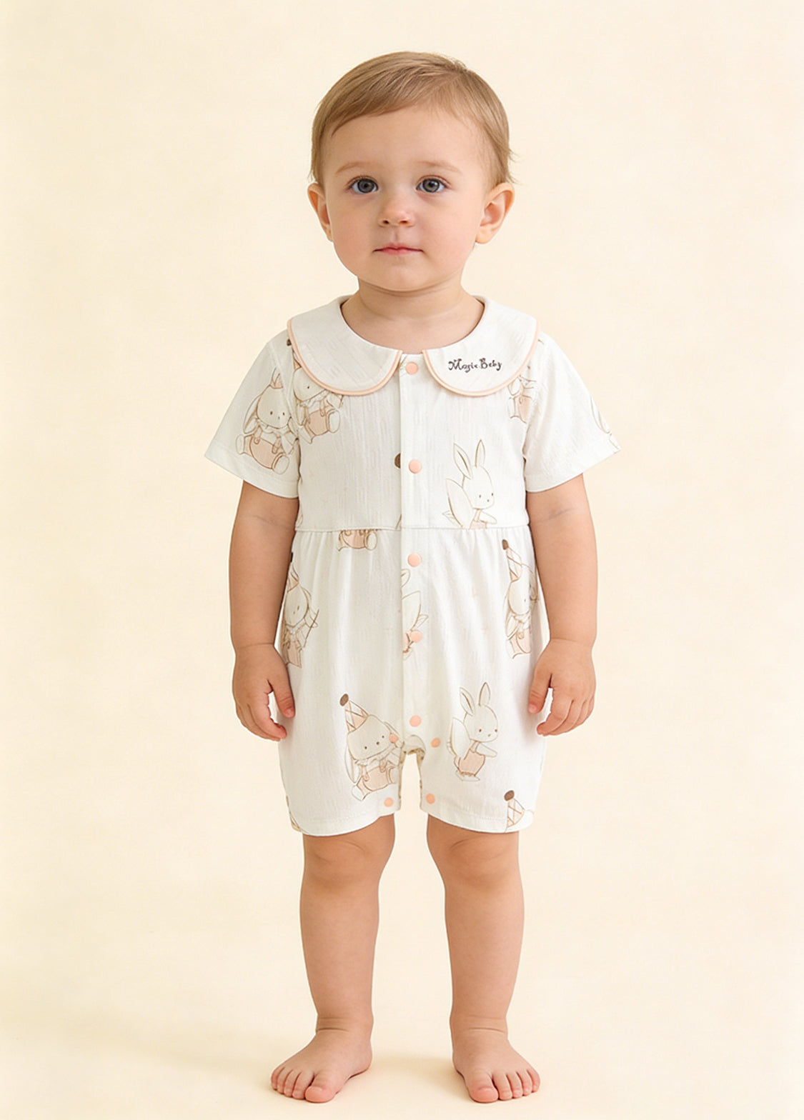 Baby Girl's Summer Bamboo Fiber Romper — Lightweight Design with Bellflower & Elf Bunny Print