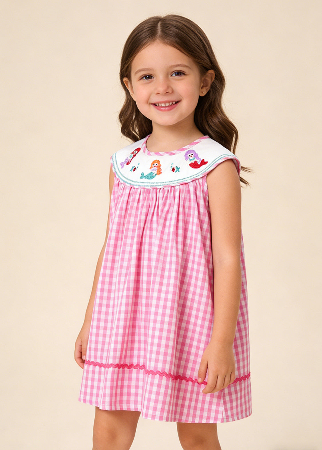 Girls Mermaid Embroidered Cotton Plaid Dress