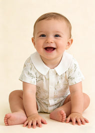 Baby Girl's Summer Short-Sleeve Romper — Lightweight Bamboo Fiber with Purple Butterfly & Forest Elephant Prints