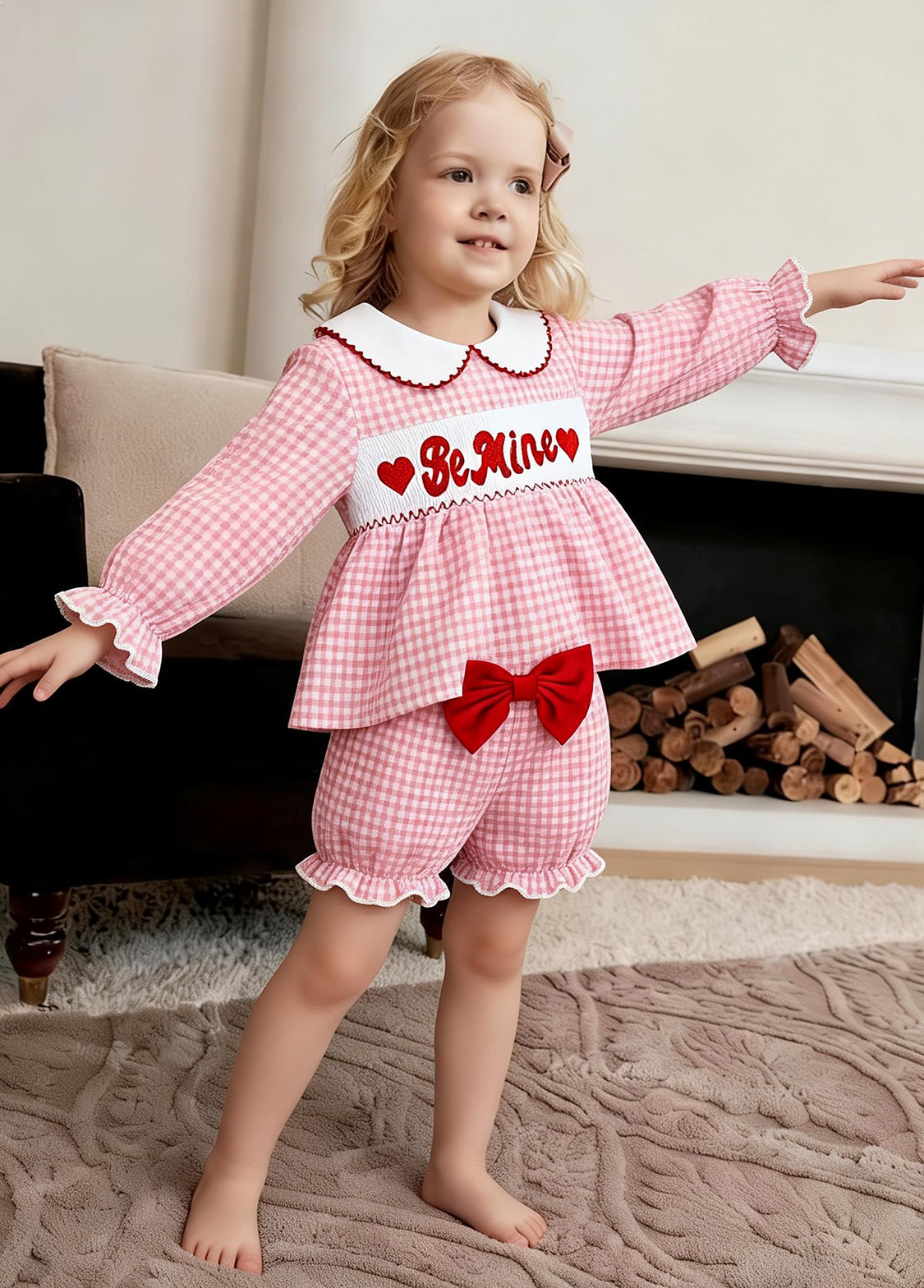 Baby Girl Pink Plaid Embroidered Long-sleeved Top And Lantern Pants Set