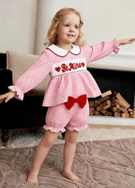 Baby Girl Pink Plaid Embroidered Long-sleeved Top And Lantern Pants Set