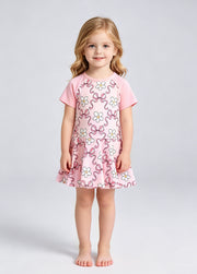 Girls' Summer Short-Sleeve Swim Dress — Floral-Patterned One-Piece Swimsuit