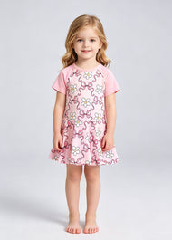 Girls' Summer Short-Sleeve Swim Dress — Floral-Patterned One-Piece Swimsuit