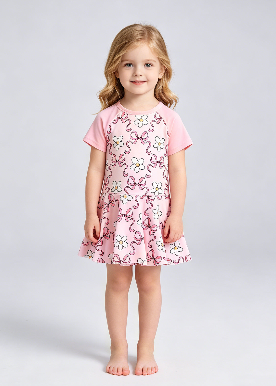 Girls' Summer Short-Sleeve Swim Dress — Floral-Patterned One-Piece Swimsuit