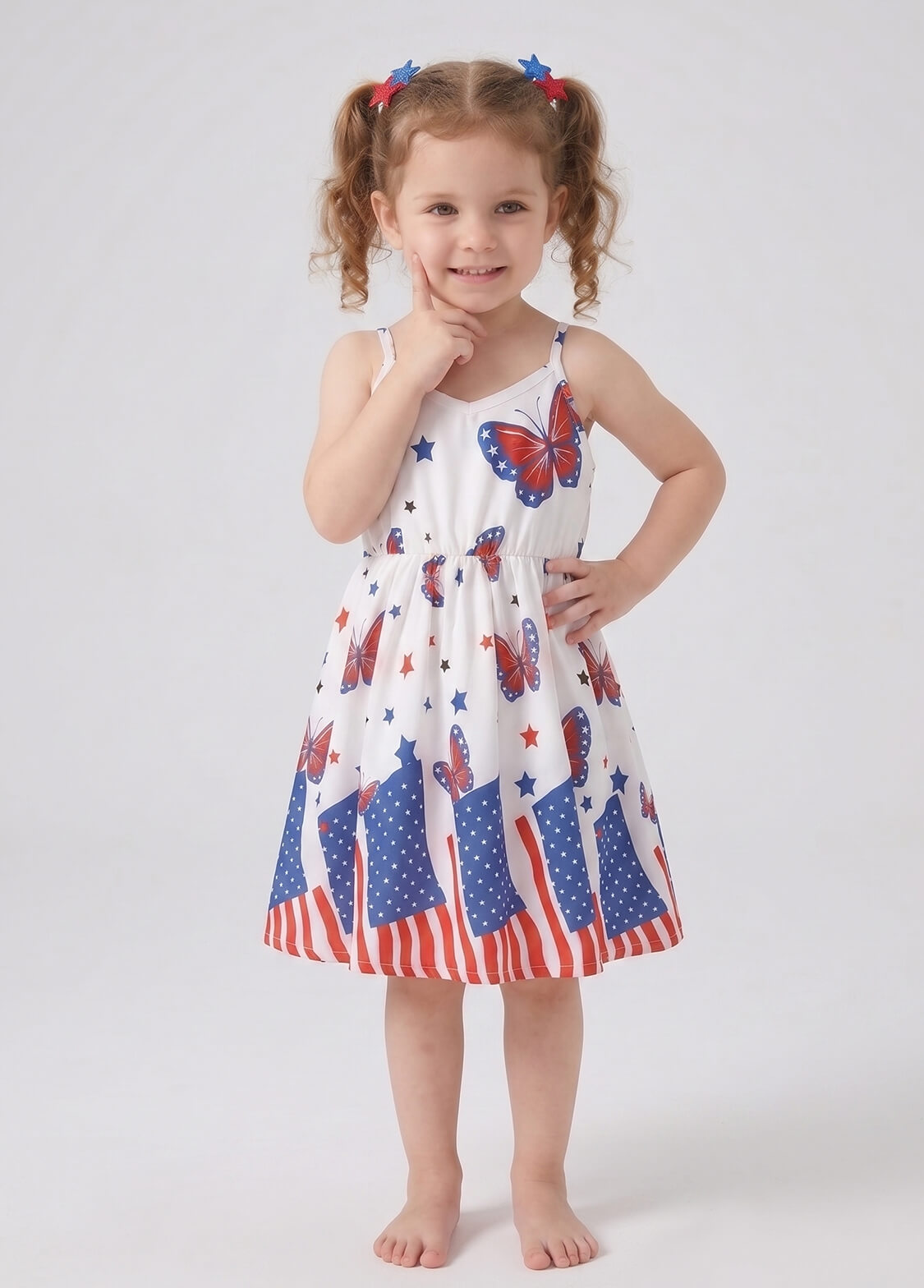 Girls 4th of July Patriotic Dress Kids Independence Day Butterfly and Star Print V-Neck Cami Strap Sundress