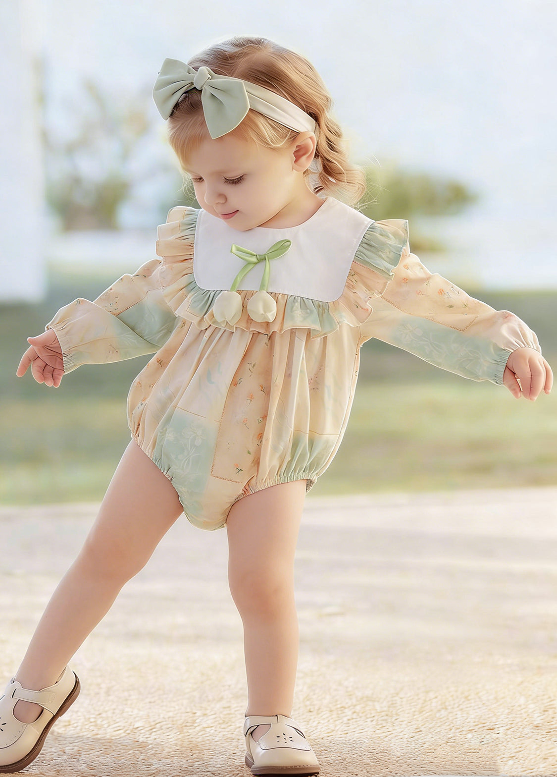 Baby Girls Retro Floral Ruffle Romper With Hairband