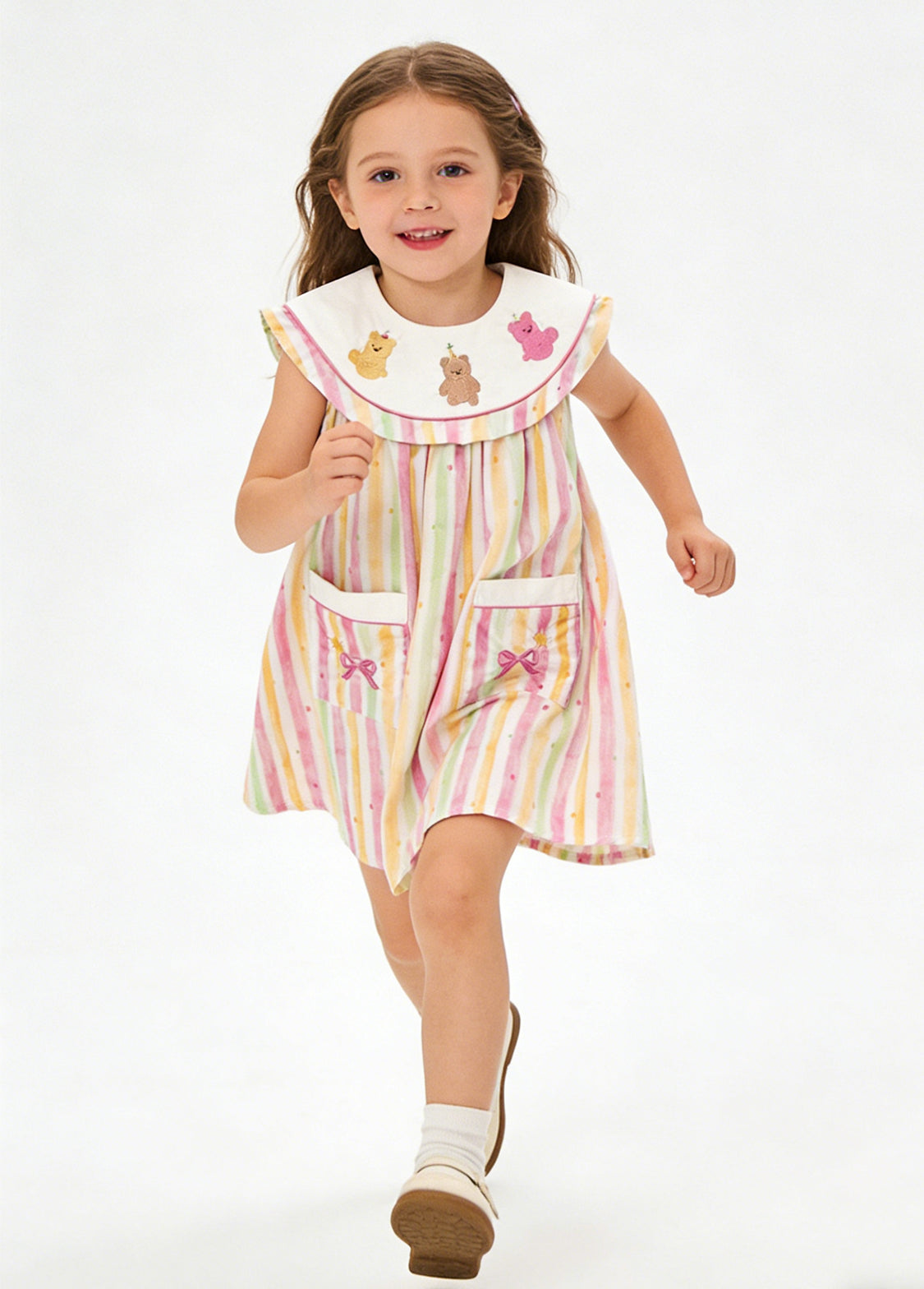 Girls Rainbow Bear Embroidered Cotton Dress